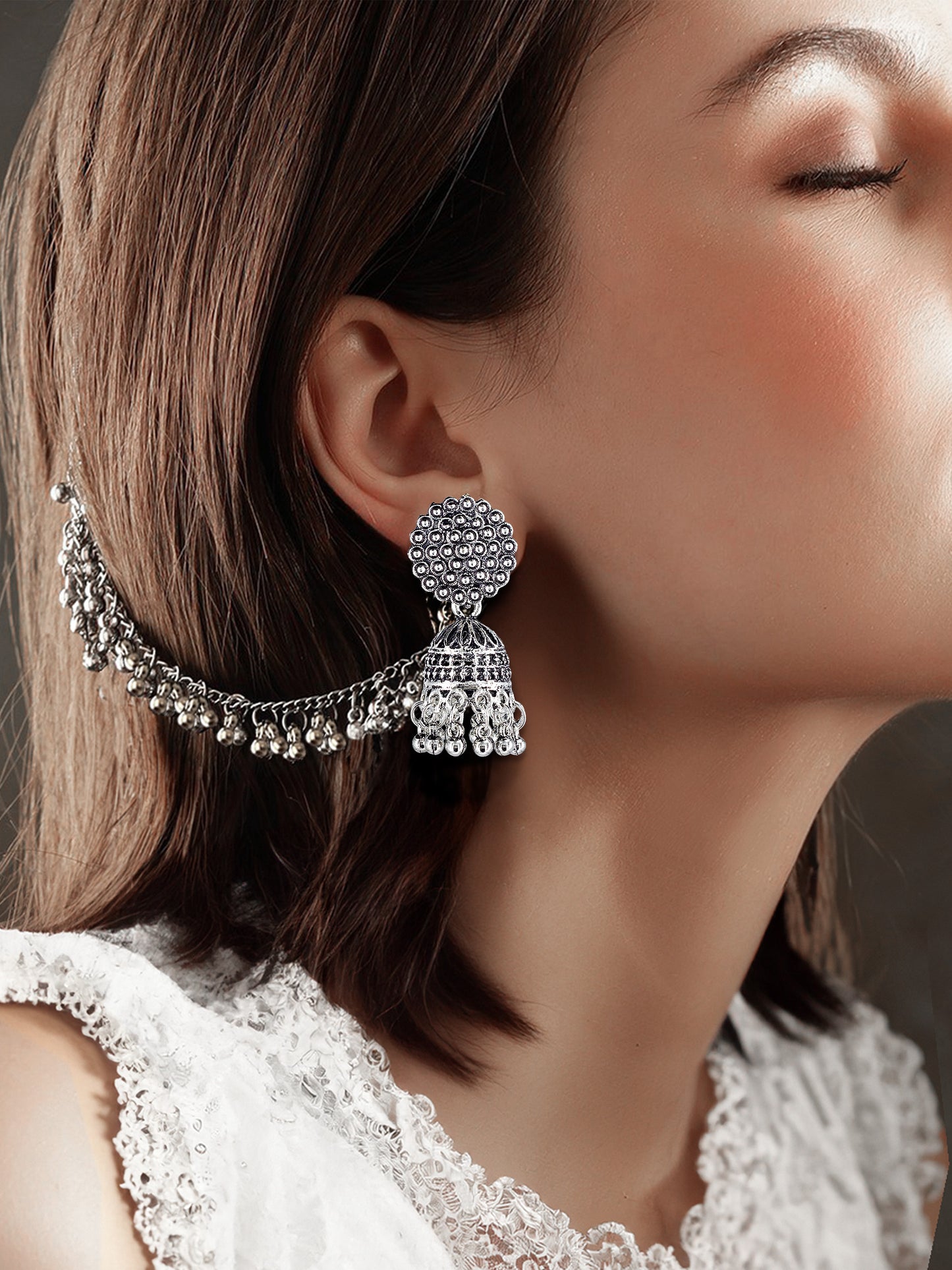 Silver Oxidised Circular Earrings with Ear Chain for Women