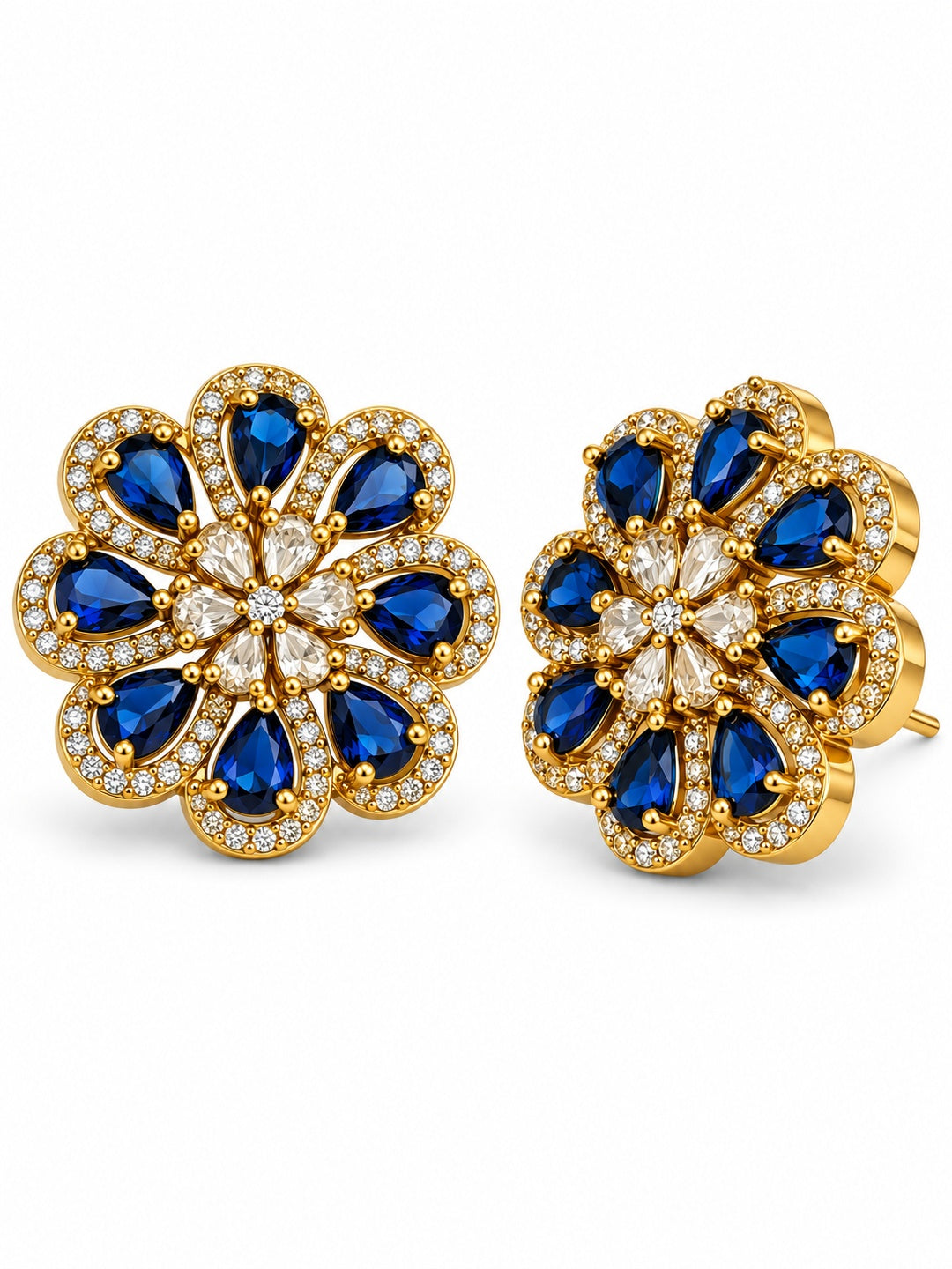 South Indian Gold Plated Blue AD Floral Stud Earrings for Women