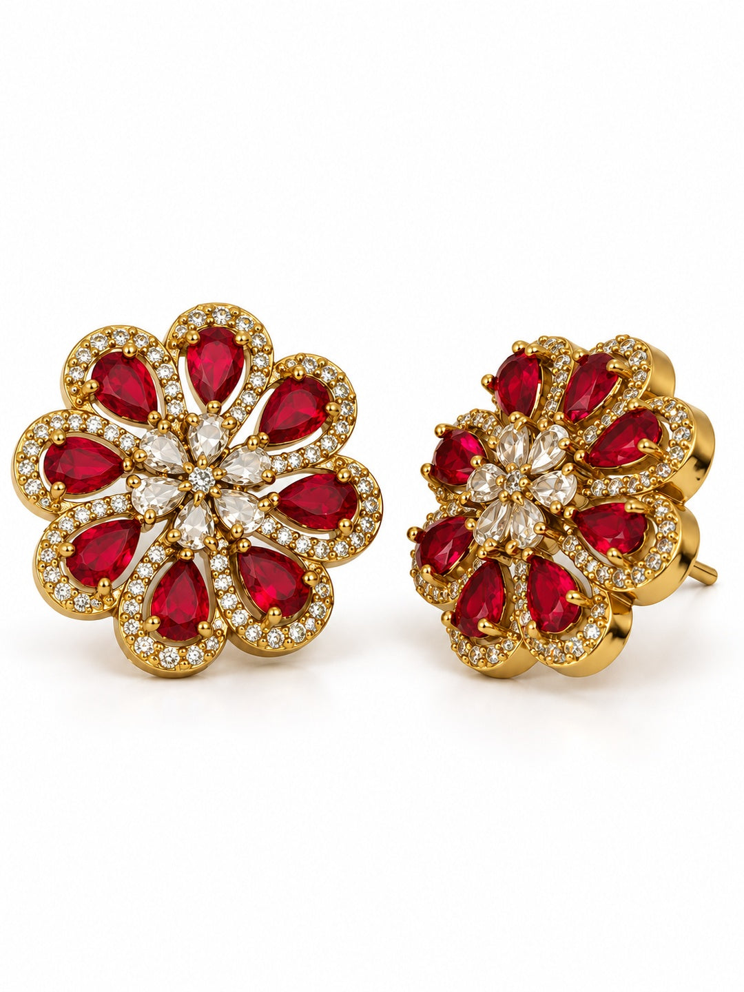 South Indian Gold Plated Red AD Floral Stud Earrings for Women