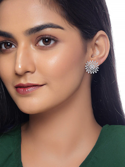 Silver Plated Floral AD Stud Earrings For Women