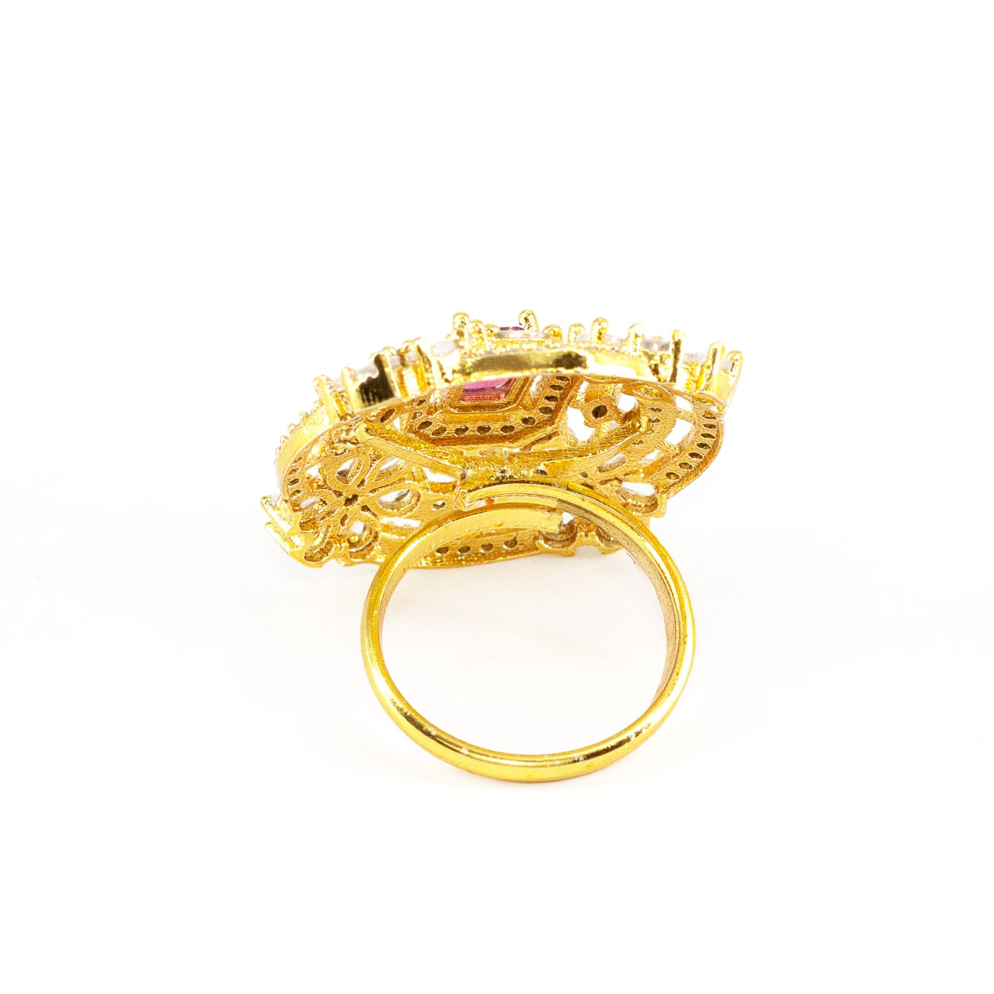 Gold Plated Red AD Floral Adjustable Finger Ring for Women