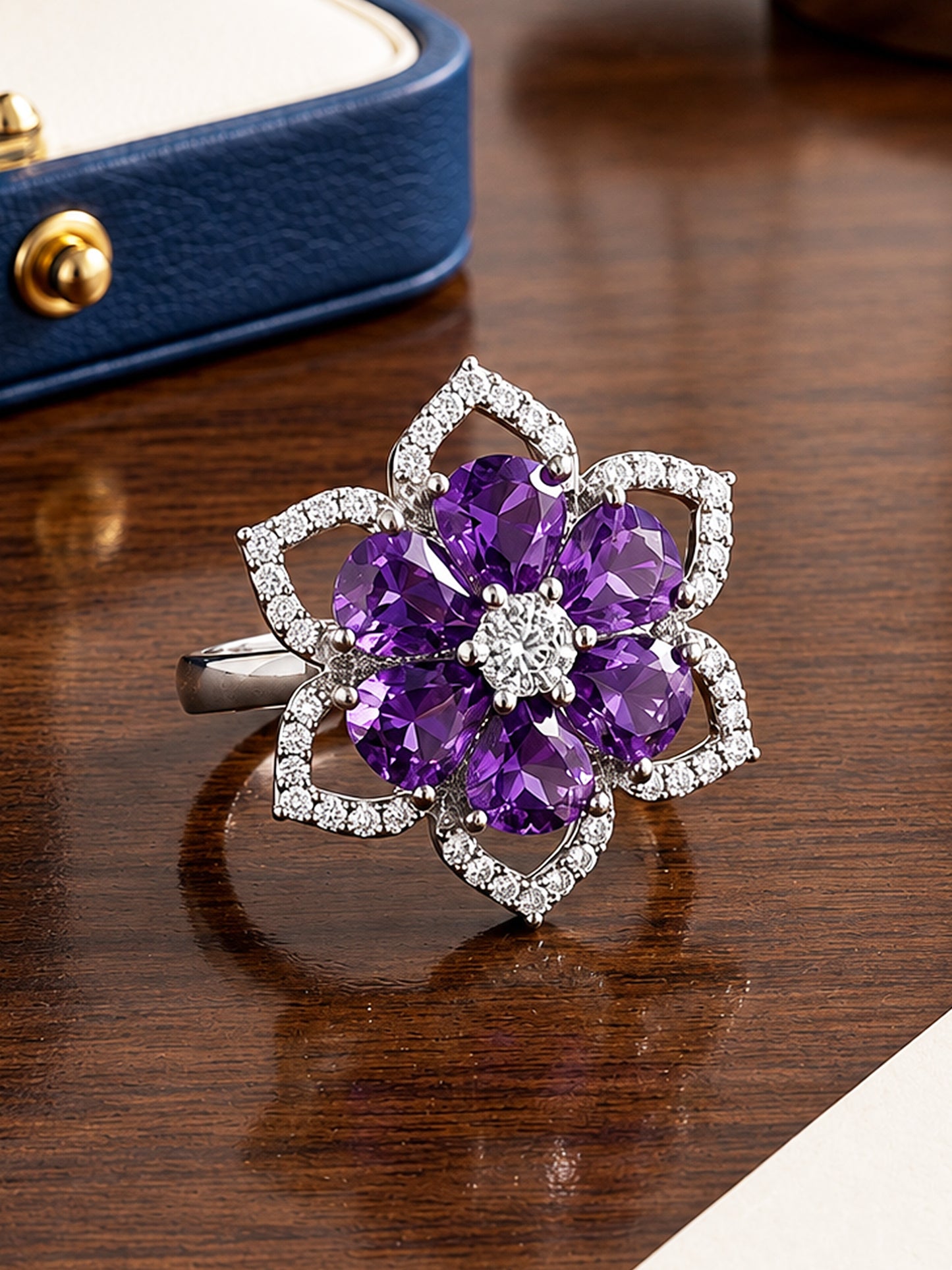 Rhodium Plated Purple AD Floral Finger Ring for Women