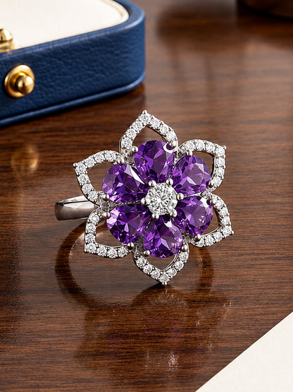 Rhodium Plated Purple AD Floral Finger Ring for Women