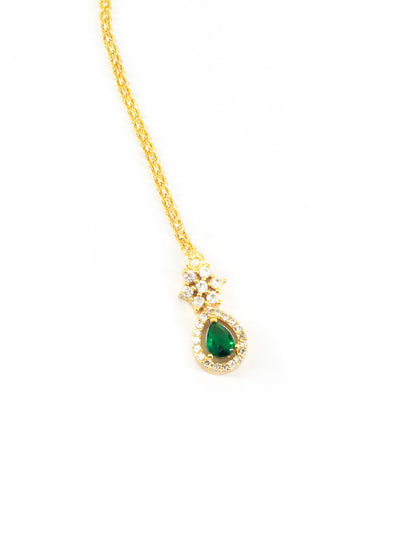 Gold Plated Green AD Teardrop Maang Tikka for Women