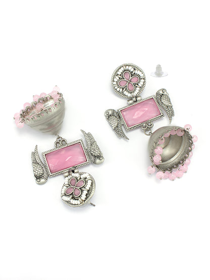 Pink Floral Bird Monalisa Stone Jhumka Earrings