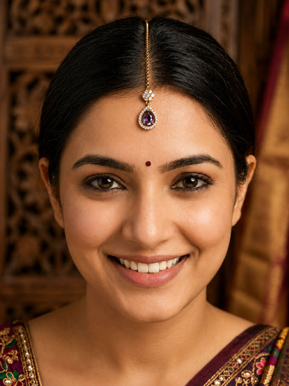Antique Gold Plated Purple AD Maang Tikka for Women