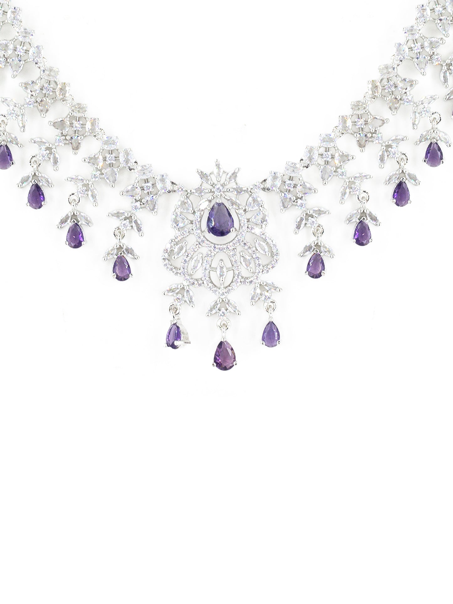 Rhodium Plated Purple & White AD Jewellery Set