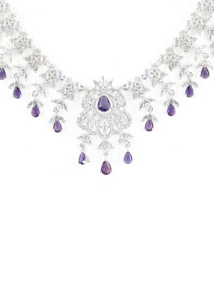 Rhodium Plated Purple & White AD Jewellery Set