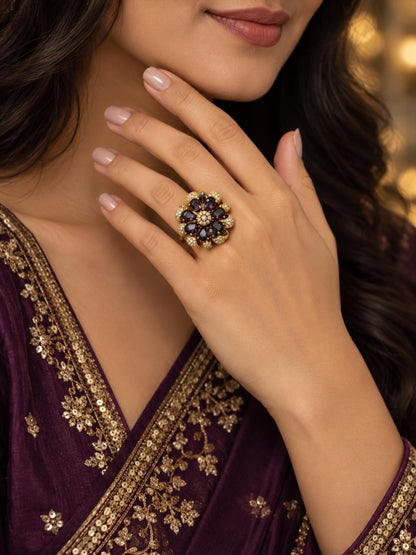 Antique Gold Plated Purple AD Floral Finger Ring for Women