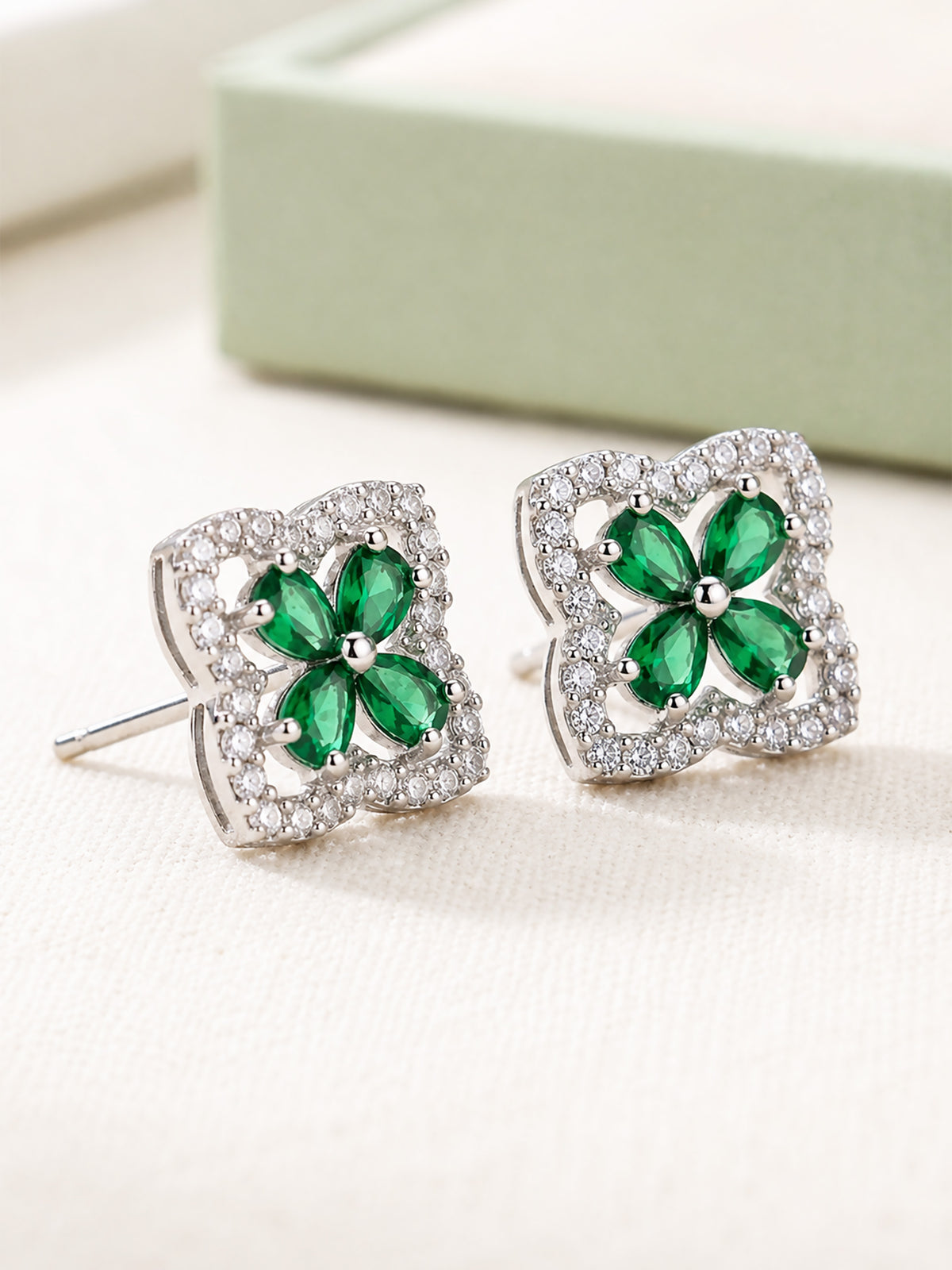 Rhodium Plated Green AD Stud Earrings for Women