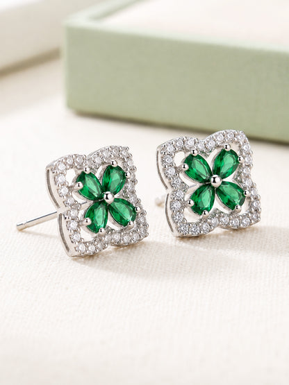 Rhodium Plated Green AD Stud Earrings for Women