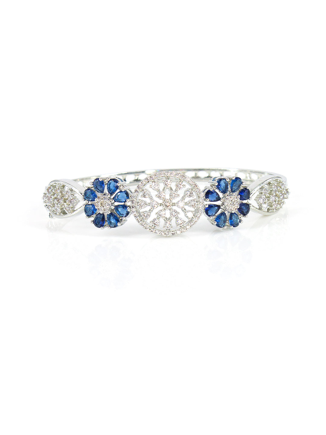 Silver Plated Blue AD Floral Cuff Bracelet For Women