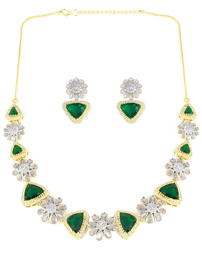 Gold Plated Green Designer Floral AD Jewellery Set