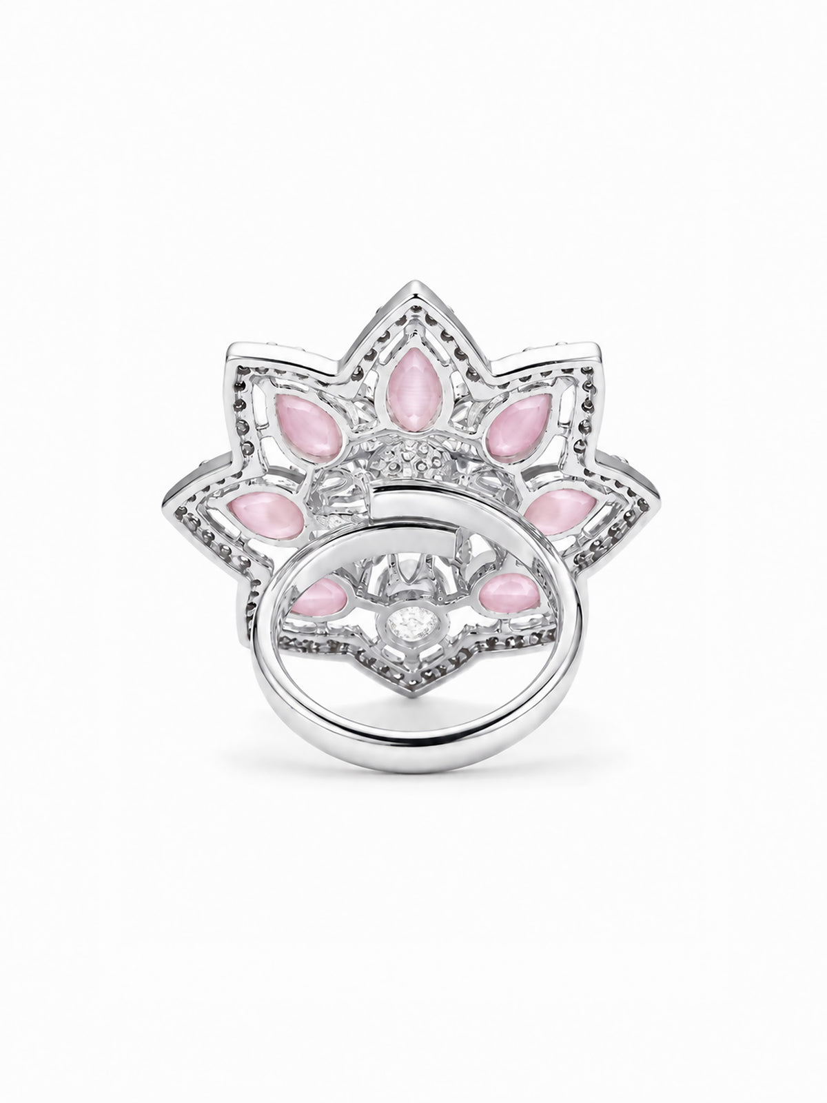 Silver Plated Pink AD Floral Finger Ring for Women