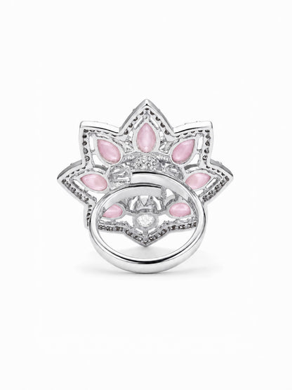 Silver Plated Pink AD Floral Finger Ring for Women