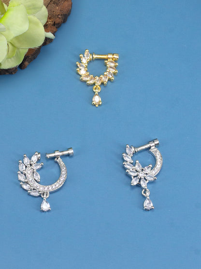 Set of Three Rhodium & Gold Plated American Diamond Non Piercing Nosepin