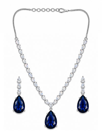 Silver Plated Blue Teardrop AD Jewellery Set for Women