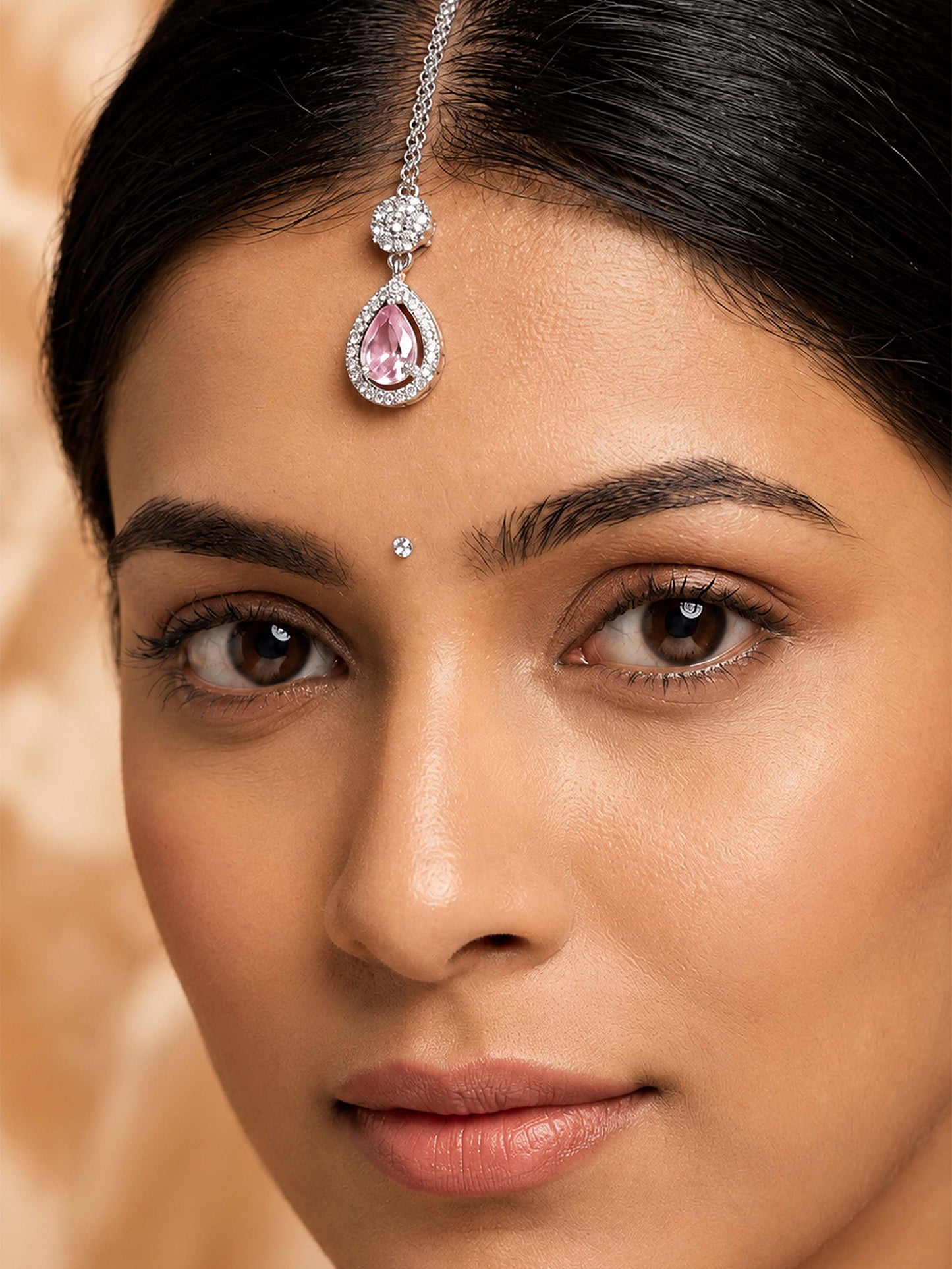 Silver Plated Pink AD Maang Tikka for Women