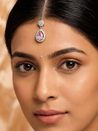 Silver Plated Pink AD Maang Tikka for Women