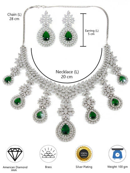 Rhodium-Plated Green Statement AD-Studded Bridal Jewellery Set