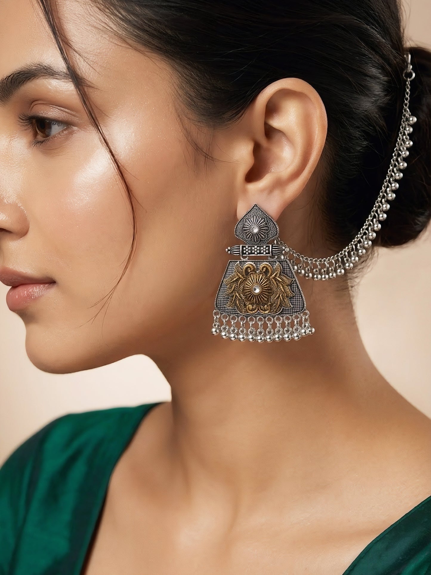 Silver Oxidised Floral Jhumka Earring with Chain for Women