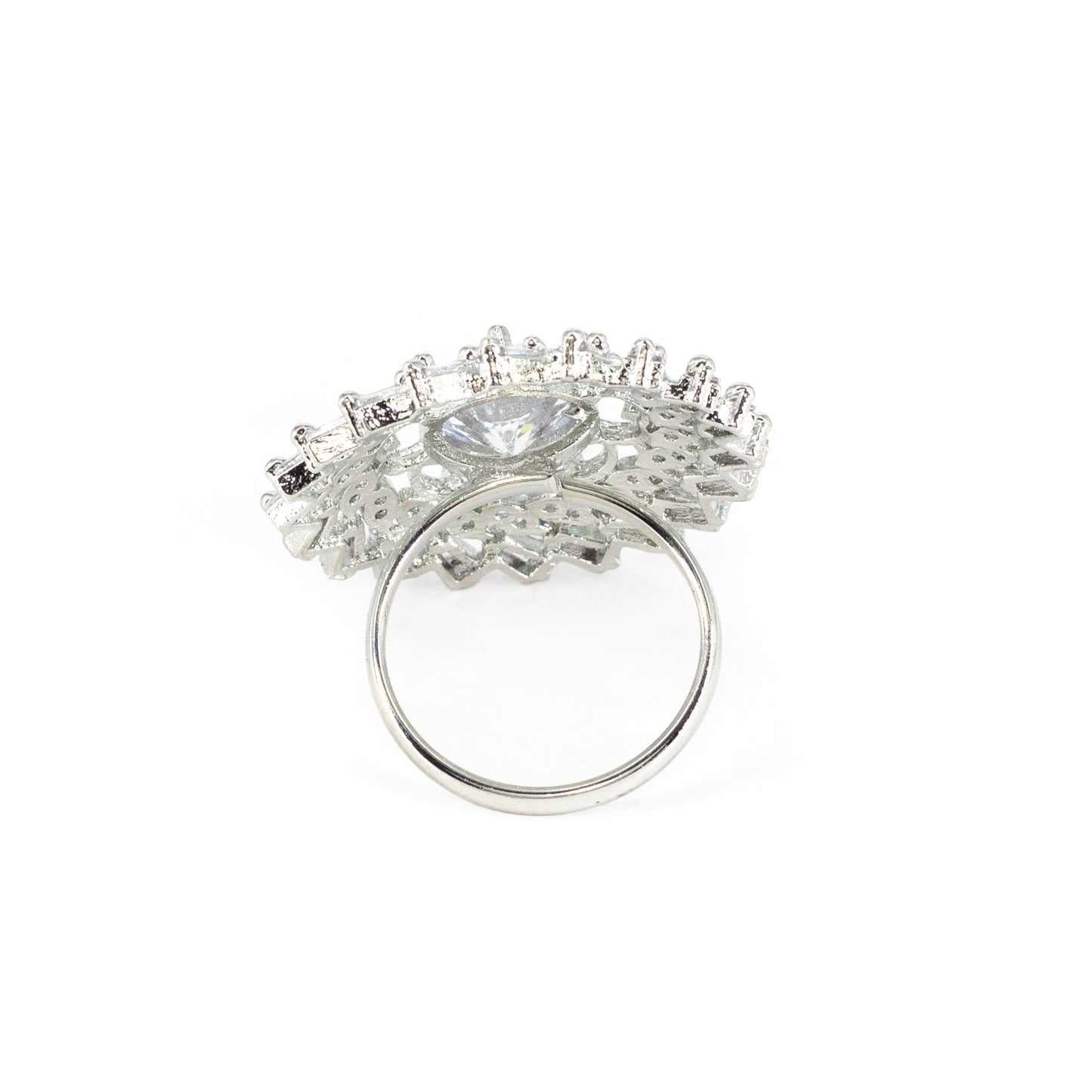 Silver Plated White AD Floral Adjustable Ring for Women