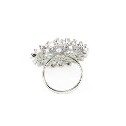 Silver Plated White AD Floral Adjustable Ring for Women