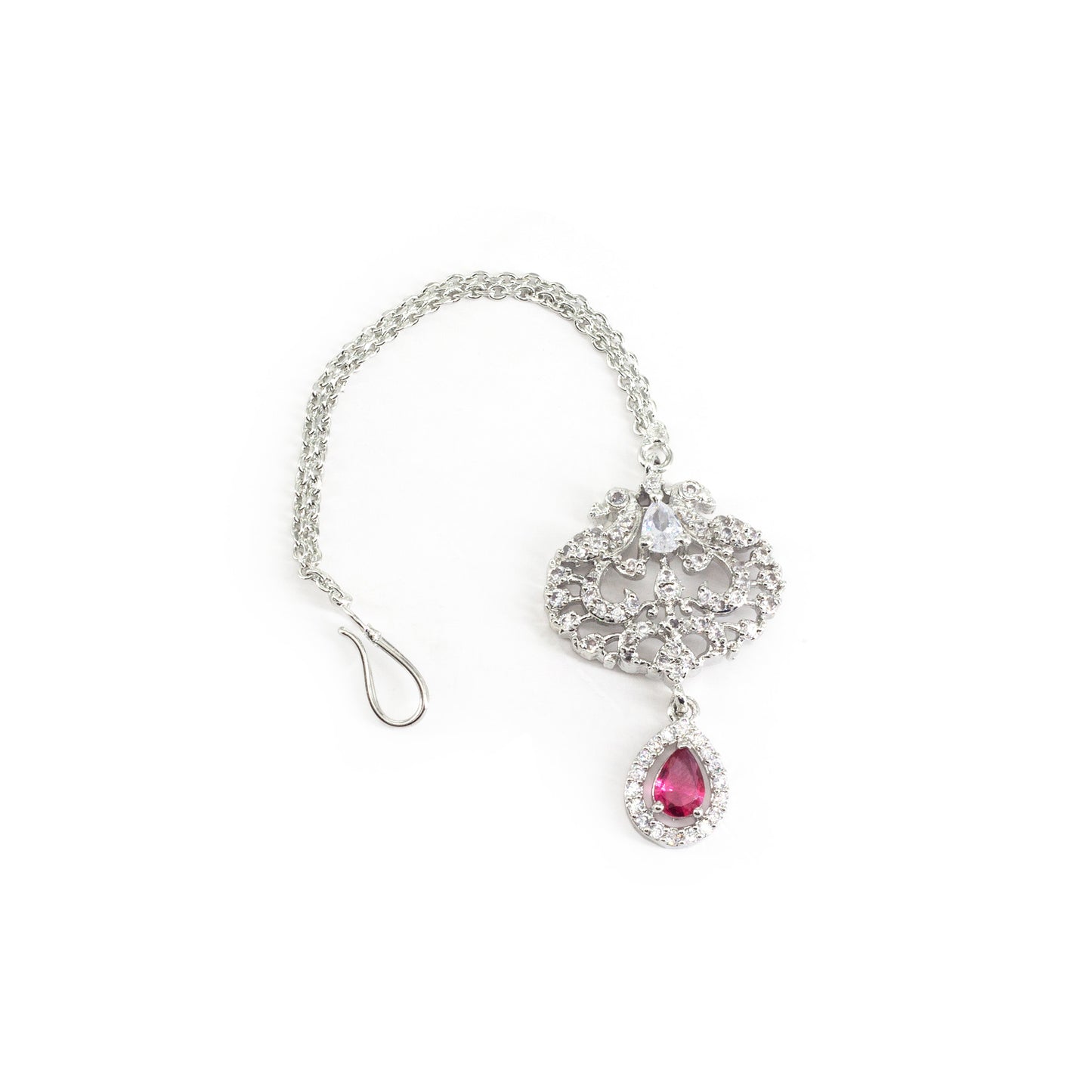 Silver Plated Red Peacock Maang Tikka for Women