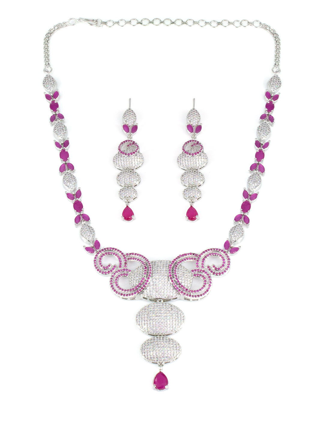 American Diamond Circular Design Pink Drop Jewellery Set For Women And Girls