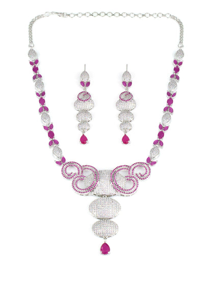 American Diamond Circular Design Pink Drop Jewellery Set For Women And Girls