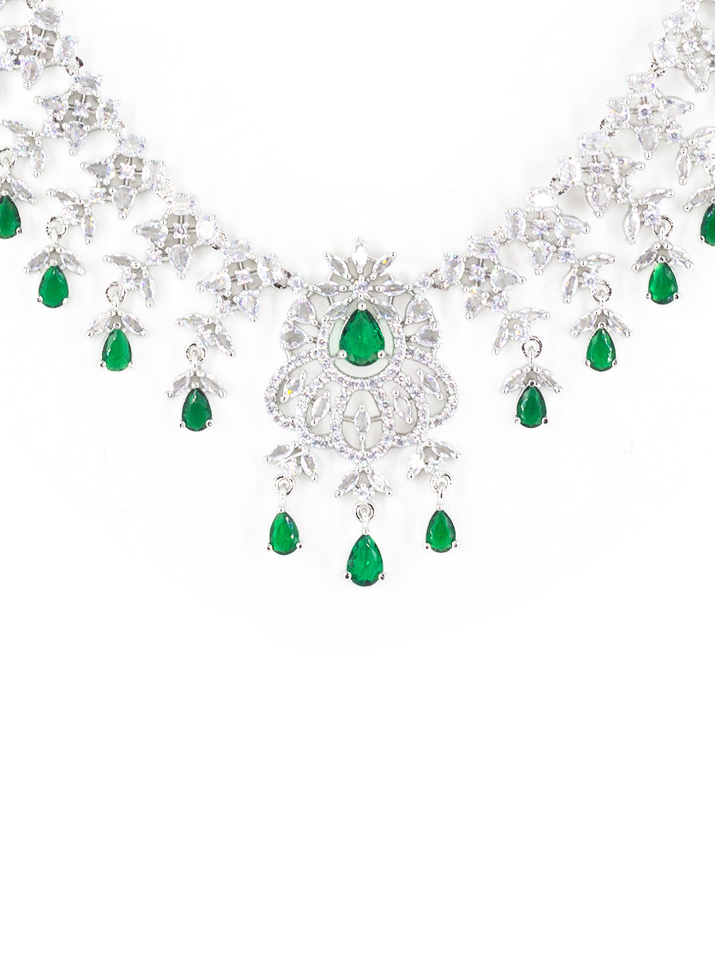 Rhodium Plated Green & White AD Jewellery Set