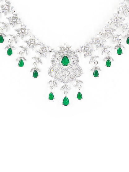 Rhodium Plated Green & White AD Jewellery Set