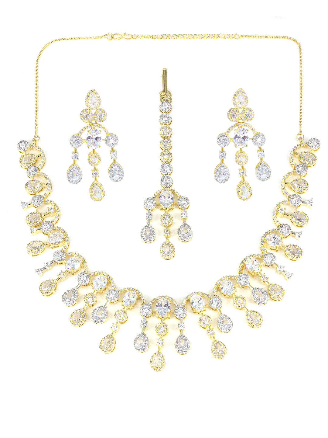 Gold Plated AD Semi Bridal Jewellery Set With Maang Tika For Women