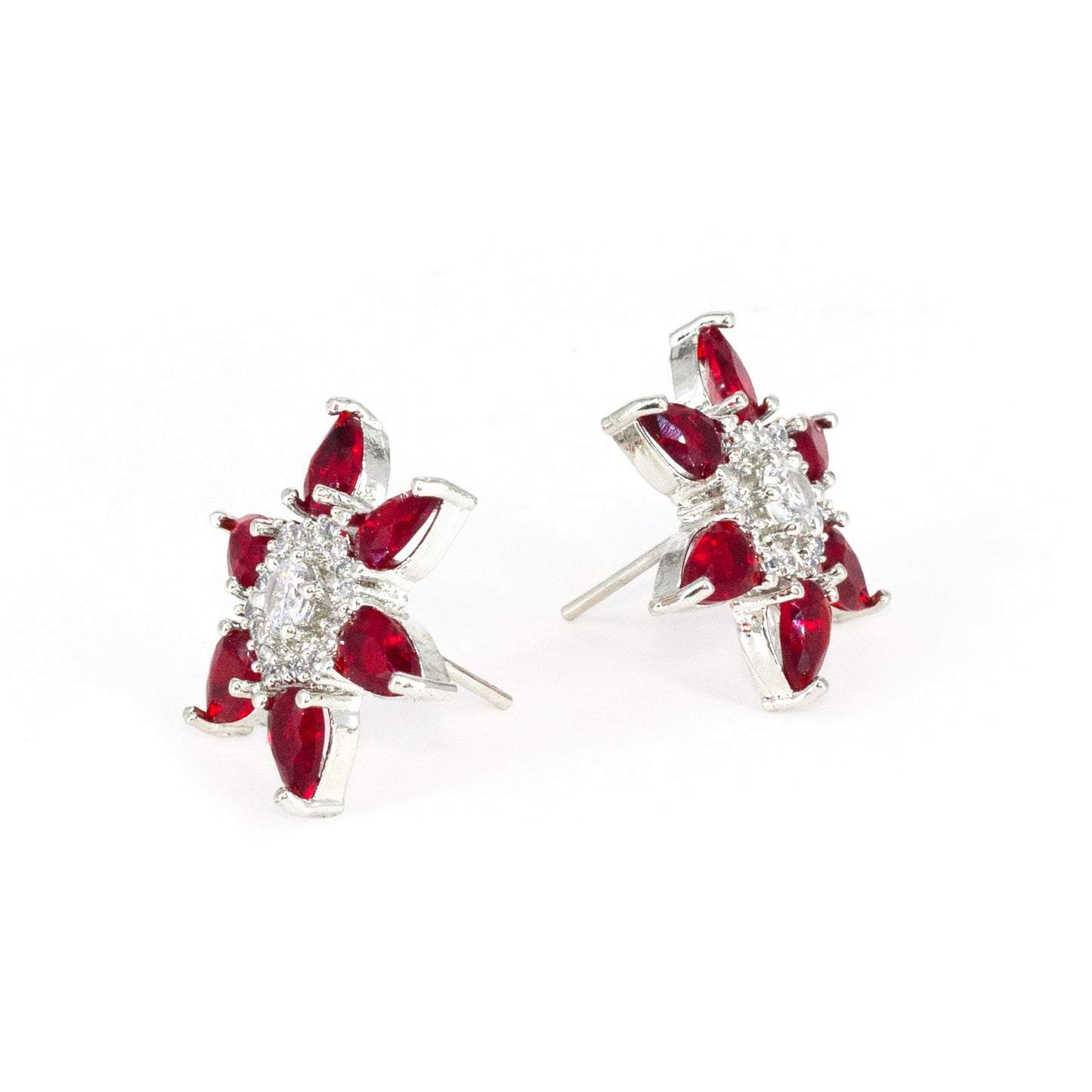 Silver Plated Red AD Floral Stud Earrings for Women