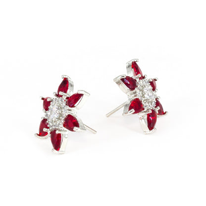 Silver Plated Red AD Floral Stud Earrings for Women