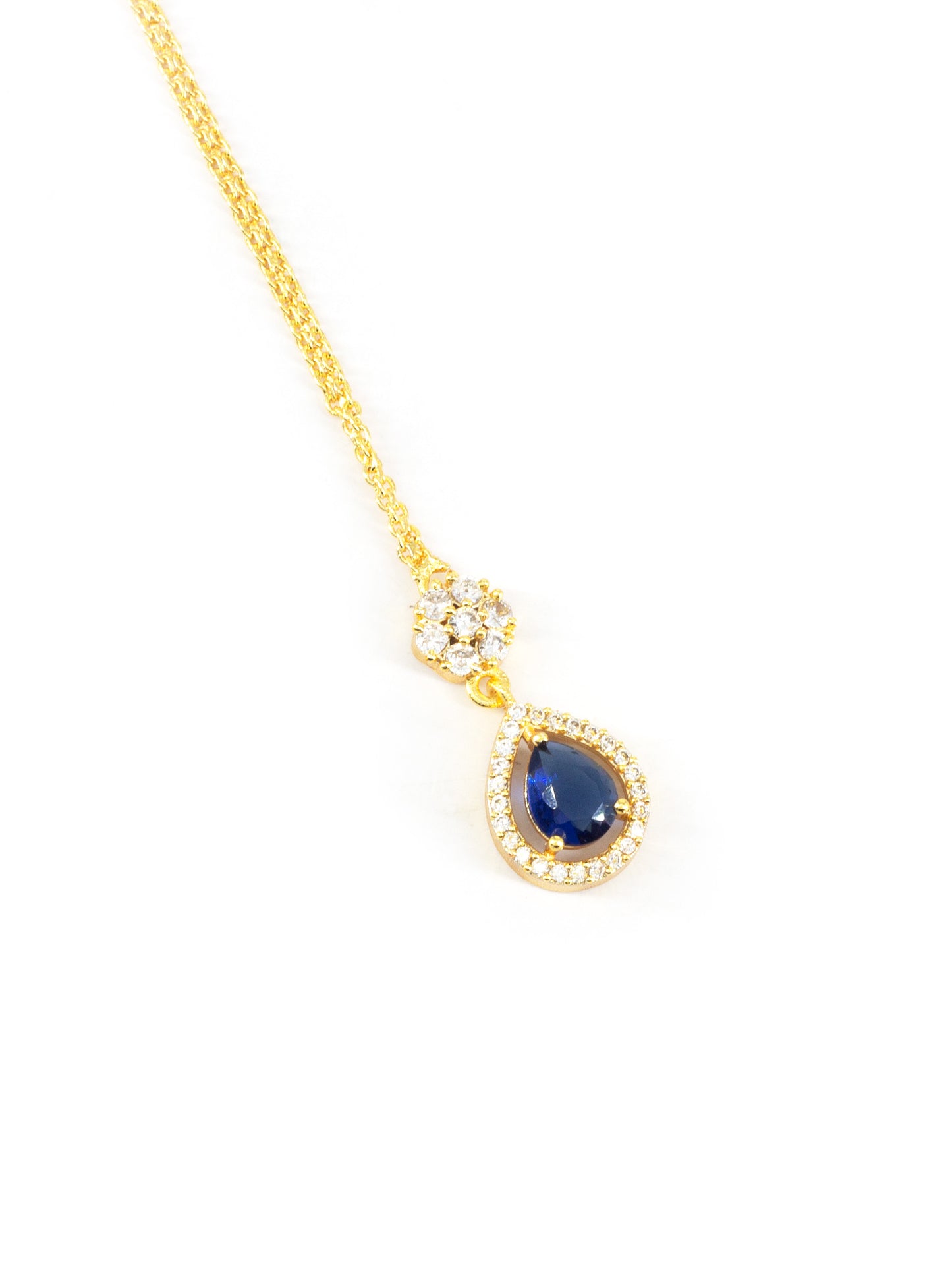 Gold Plated Blue AD Teardrop Maang Tikka for Women