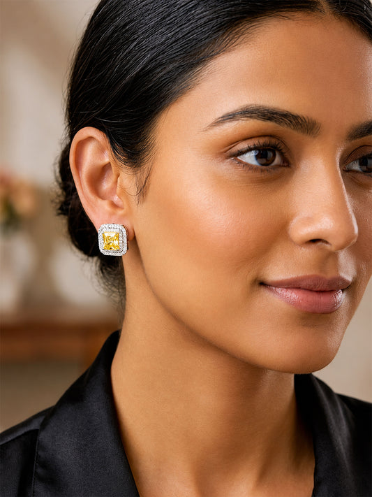 Silver Plated Yellow AD Stud Earrings for Women
