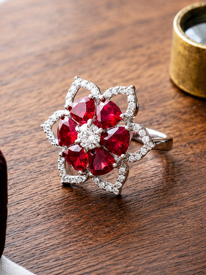 Rhodium Plated Red AD Floral Finger Ring for Women