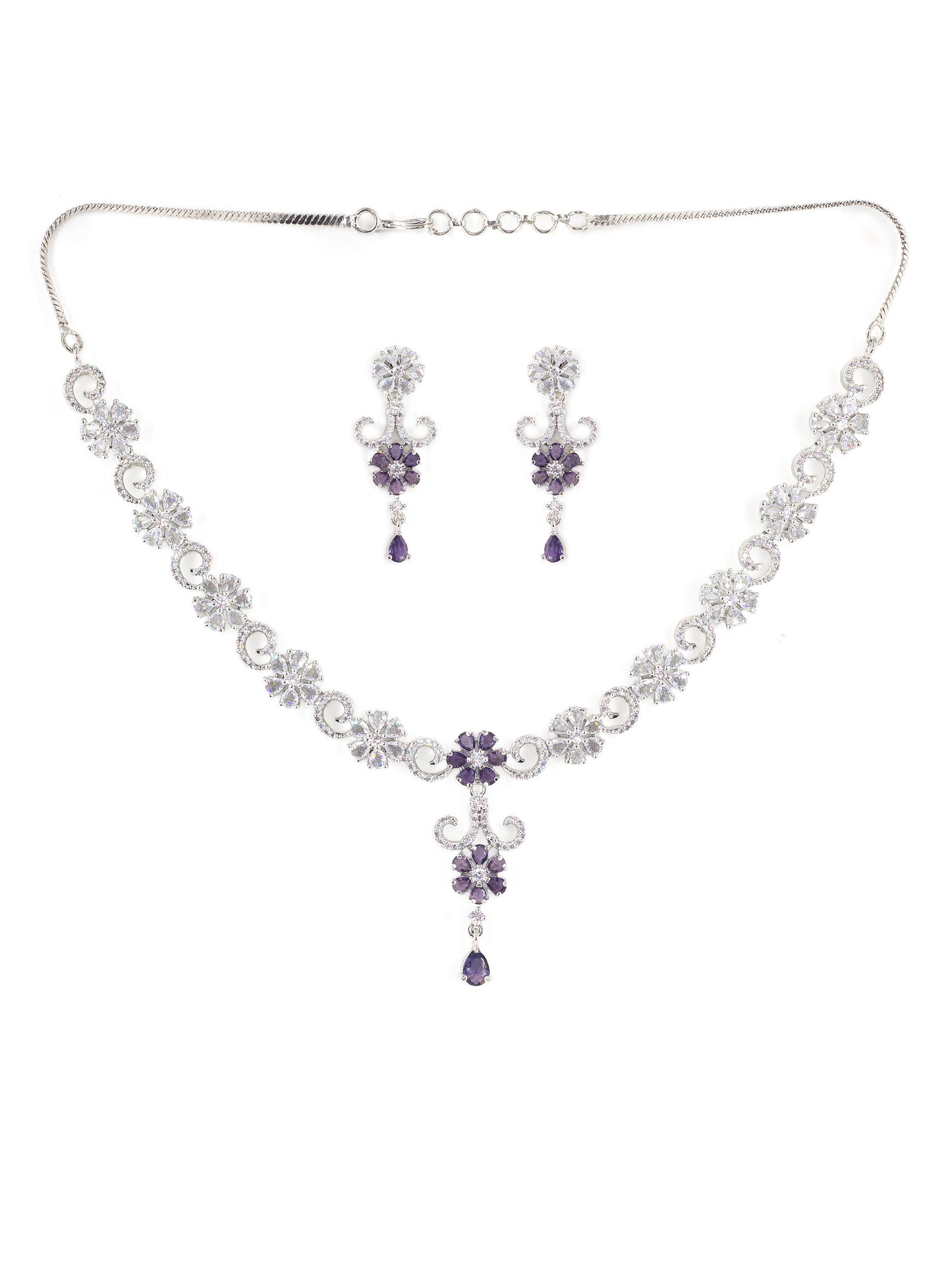 Silver Plated White & Purple AD Studded Jewellery Set for Women