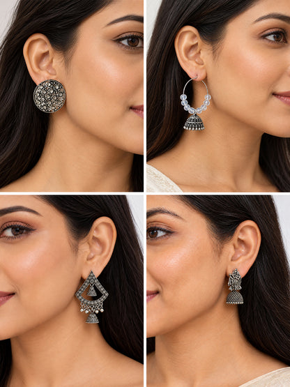 Set of 9 Silver Oxidised Jhumka Earrings for Women