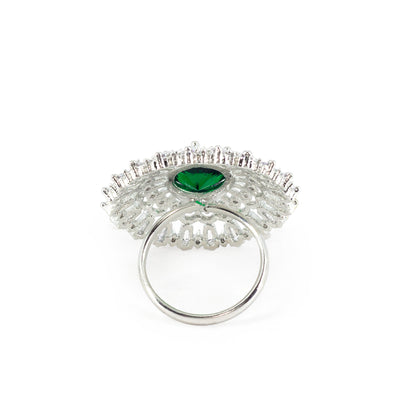 Rhodium Plated Green AD Designer Adjustable Ring for Women