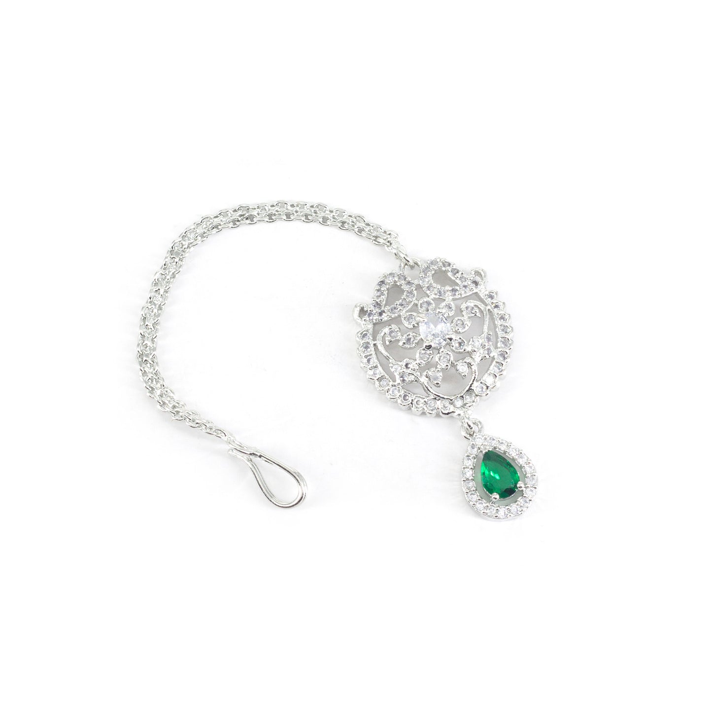 Rhodium Plated Green AD Maang Tikka for Women
