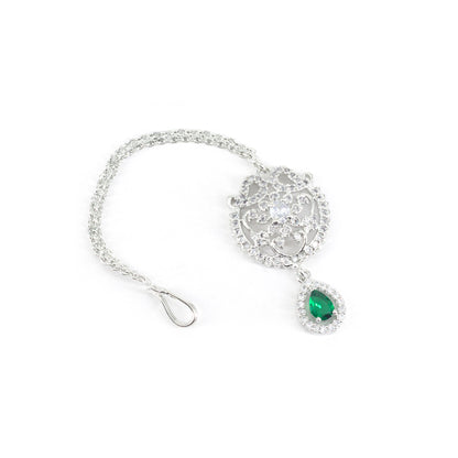 Rhodium Plated Green AD Maang Tikka for Women