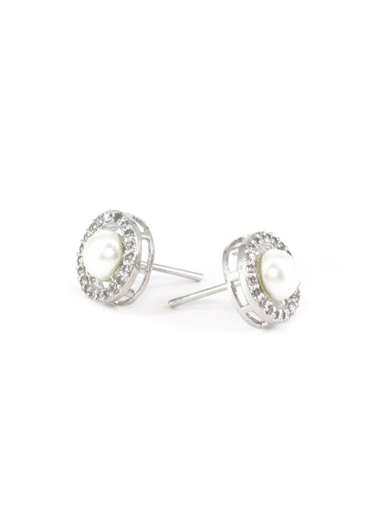 Rhodium Plated White AD & Pearl Stud Earrings for Women