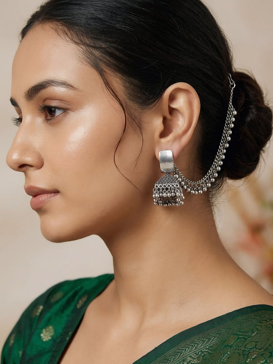 Silver Oxidised Jhumka Earring with Chain for Women
