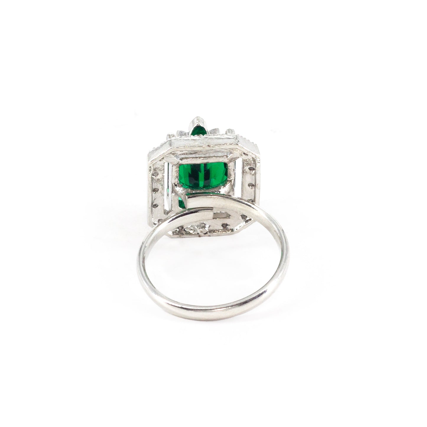 Rhodium Plated Green AD Leaf Adjustable Ring for Women