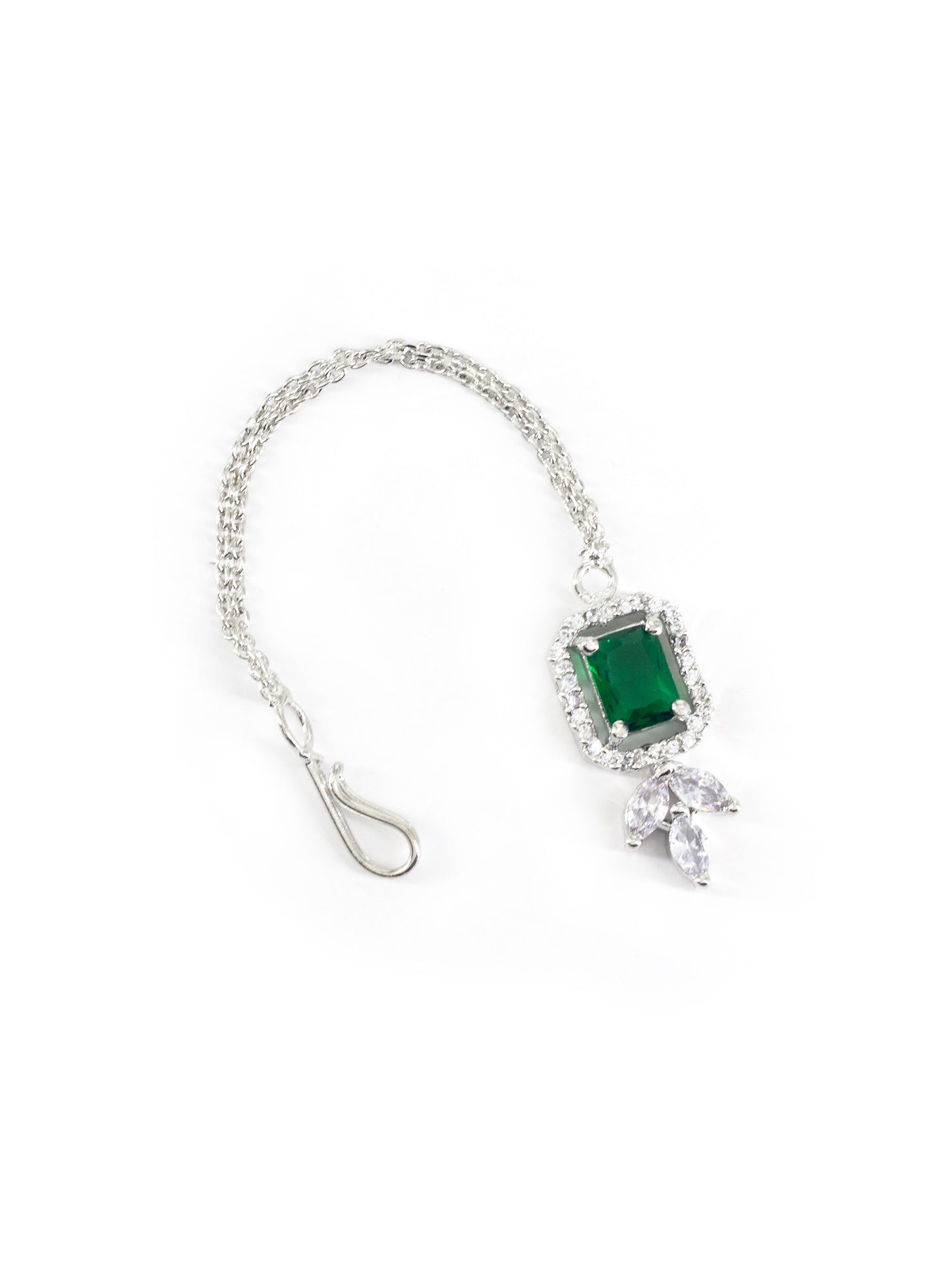 Silver Plated Green AD Maang Tikka for Women