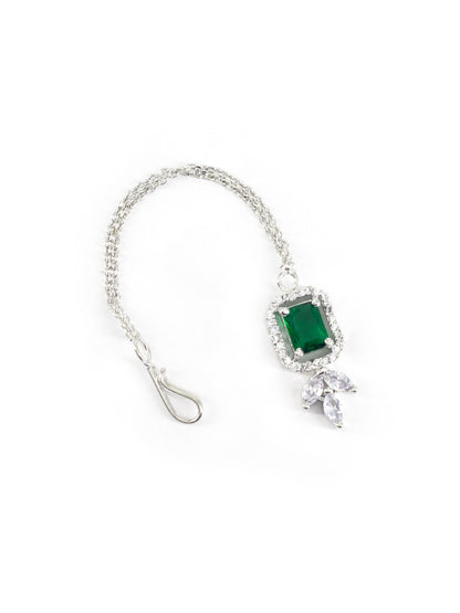 Silver Plated Green AD Maang Tikka for Women