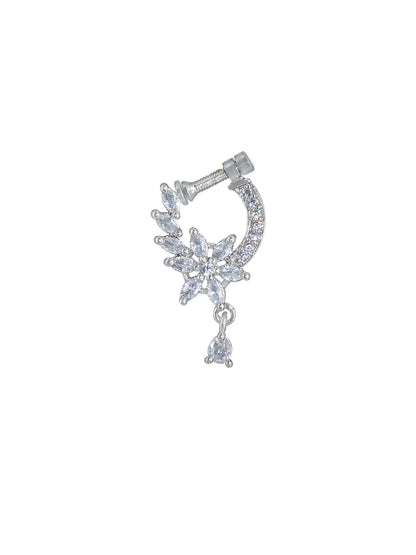 Rhodium Plated American Dimaond Floral Drop Nose Ring