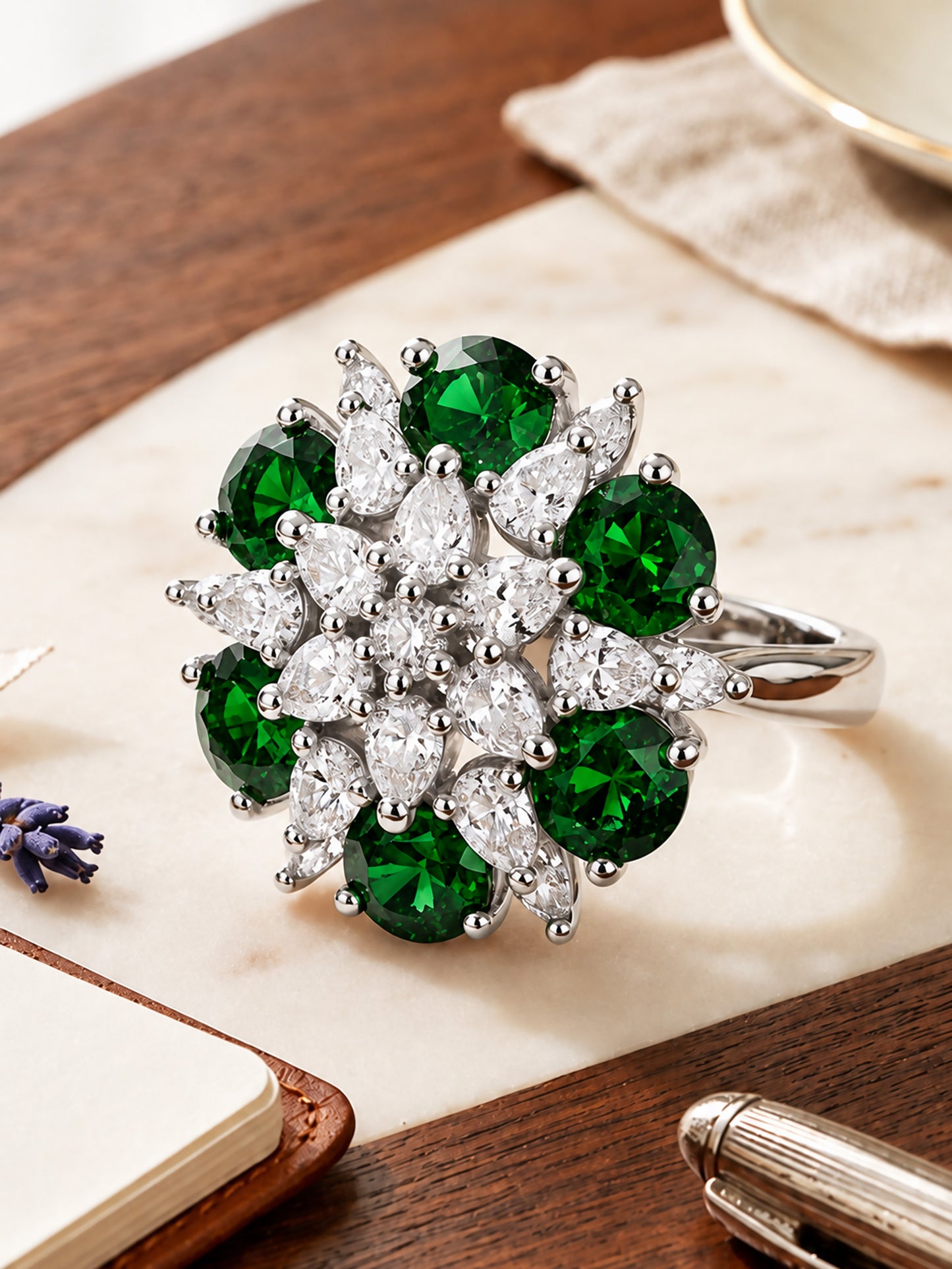 Rhodium Plated Green AD Finger Ring for Women